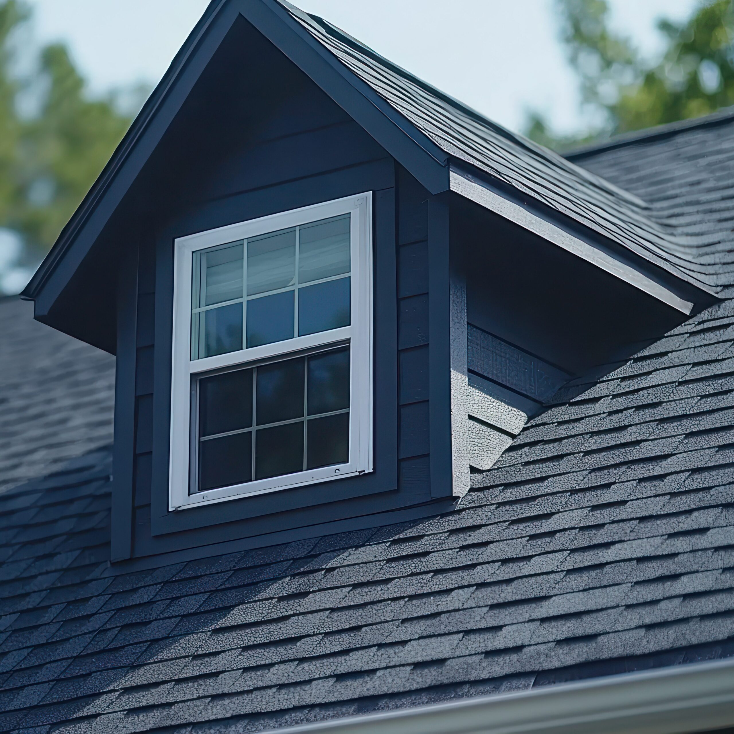 Rooftop window detail. Dark, modern gable roof with a small, white window