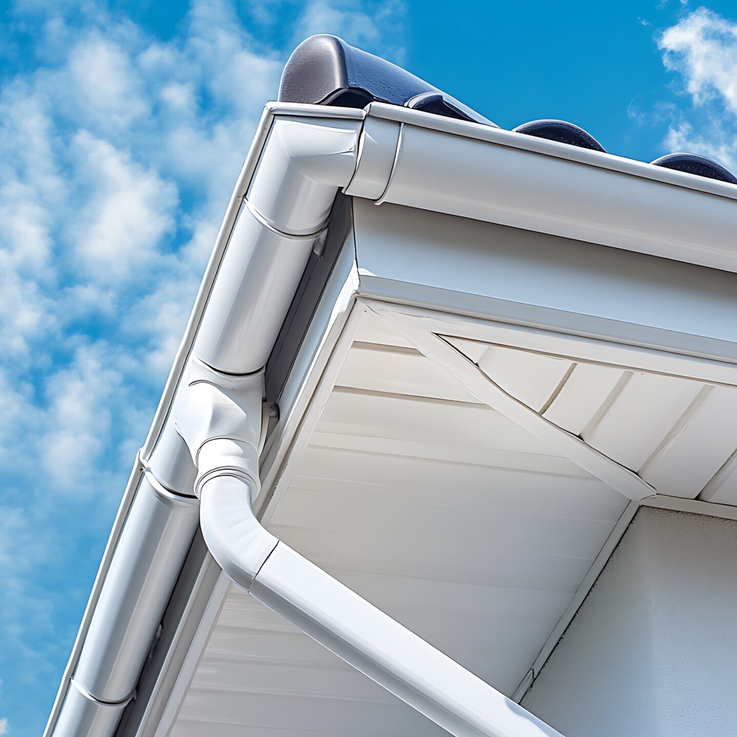 Close up of a white rain gutter and downspout system on a residential building against a blue sky.